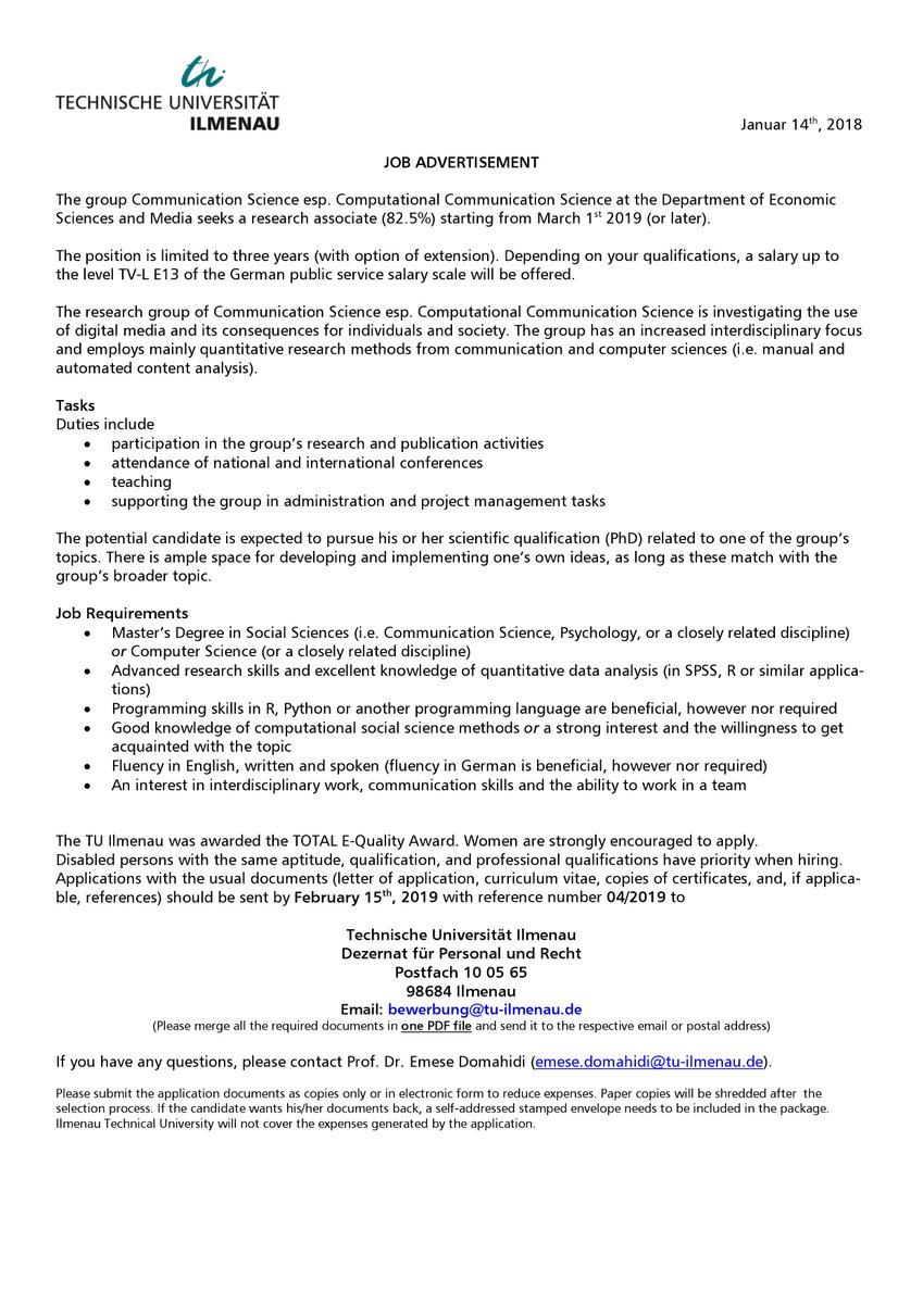 Am Fachgebiet Kommunikationswissenschaft mit Schwerpunkt Computational  Communication Science ist zum 1. März 2019 eine  #promotionsstelle (82,5%) für vorerst drei Jahre zu vergeben. Bewerbt euch bis zum 15. Februar! #PhD #communicationscience