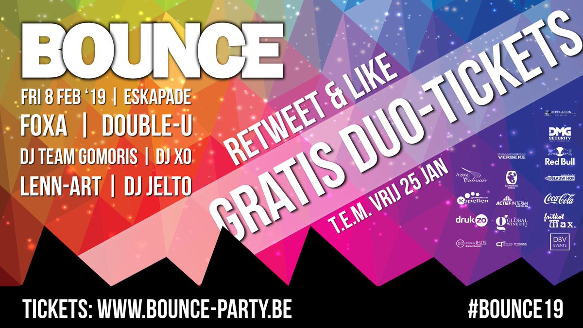 bounce__party's tweet photo. 📣📣 WIN WIN WIN, win een gratis duo-ticket voor #bounce19! Share en like, en misschien win je nu vrijdag een duo-ticket 🎫🎫🙃

Je kan ook zeker willen zijn... Dan koop je gewoon je ticket via https://t.co/8G2FhI5fhM 👌 https://t.co/IOWyZSZpbF