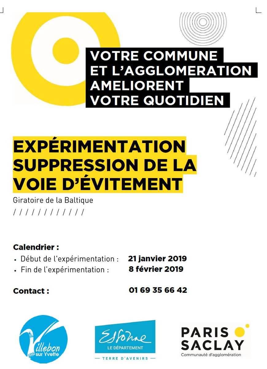 2019, les #travaux se poursuivent #courtaboeuf #parissaclay : en vue du prolongement de la voie de circulation douce (vélos et piétons), un test est mis en place à l'échangeur de la #baltique en supprimant la bretelle d'évitement. du 21 janvier au 8 février.