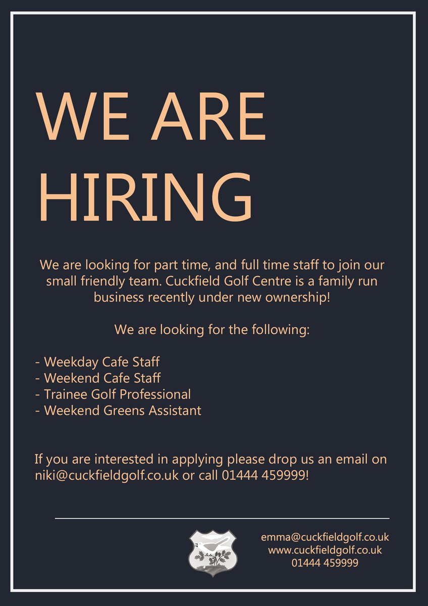 Are you looking for something new? Join our friendly team here at Cuckfield Golf Centre, positions available inside and outside the clubhouse ⛳️