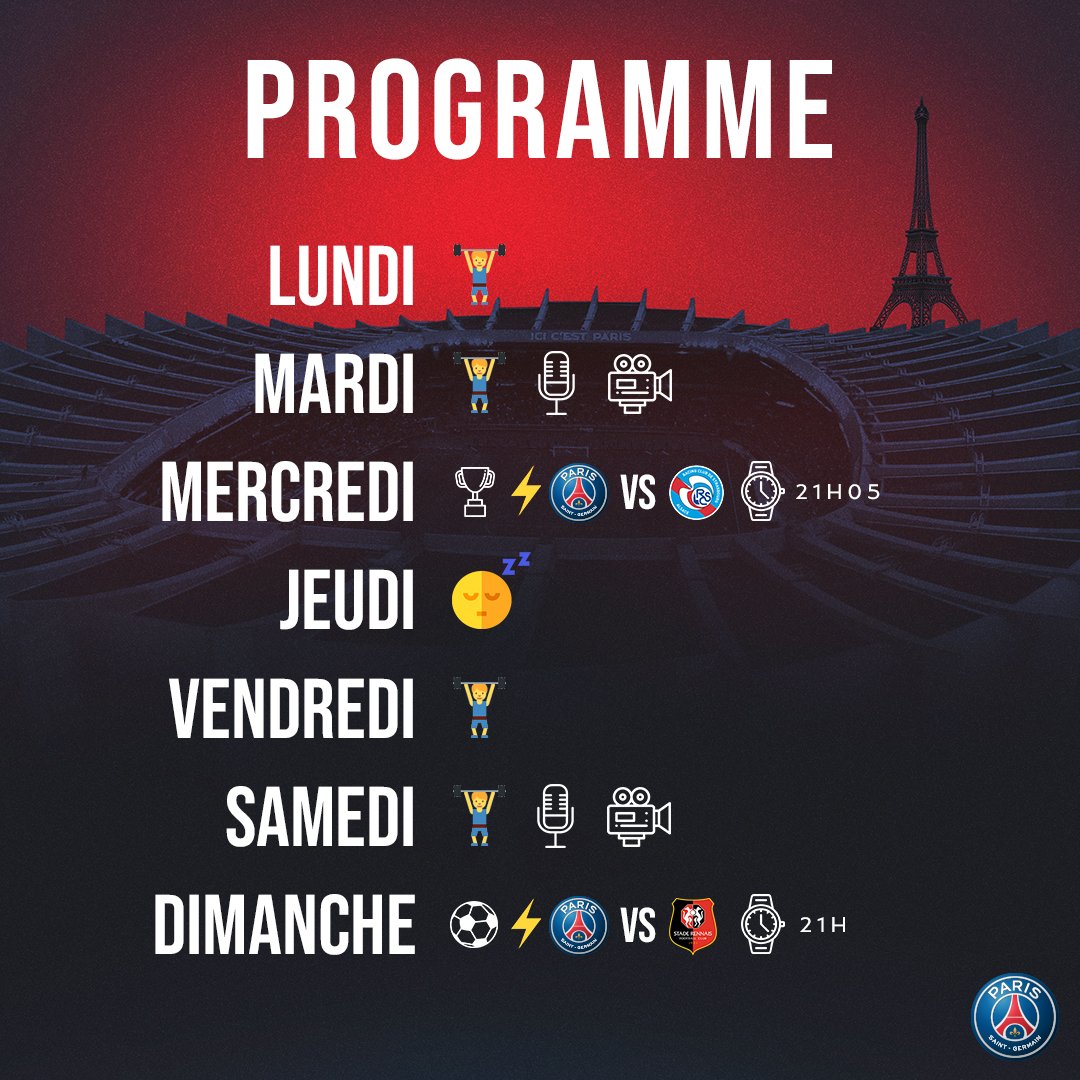 🗓️💪🔥 Le programme de la semaine !
🏆⚡🆚 @RCSA le 23/01
⚽⚡🆚 @staderennais le 27/01
🔴🔵 #ICICESTPARIS