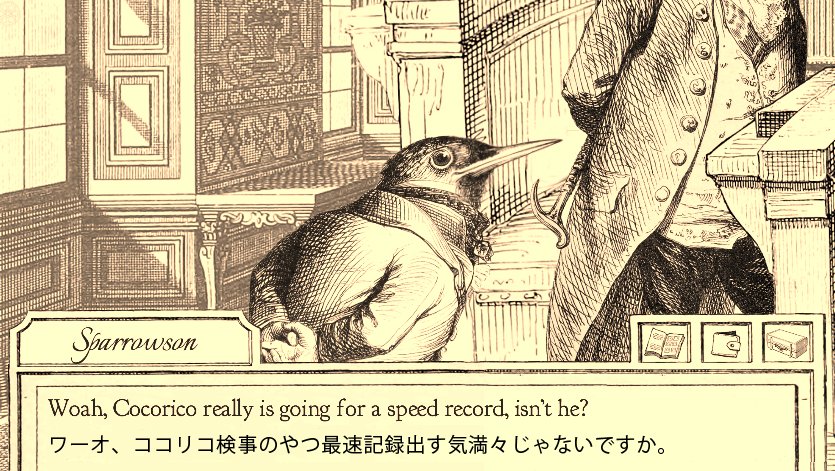 Aviary Attorneyの逆転裁判要素:第一話の検事は咬ませ犬(ウサギですが)で、第二話以降のメイン検事(ニワトリ)が有能。 ※非公式翻訳 