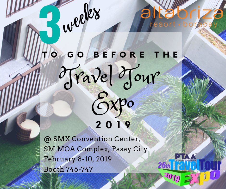 altabrizaresort's tweet photo. This is your chance to bag great deals from Altabriza Resort Boracay! Come visit us on February 8-10 at SMX Convention Center in 3 weeks. Mark your calendar!

#TTE2019 #PTAATravelTourExpo https://t.co/cUcQvwxQDf