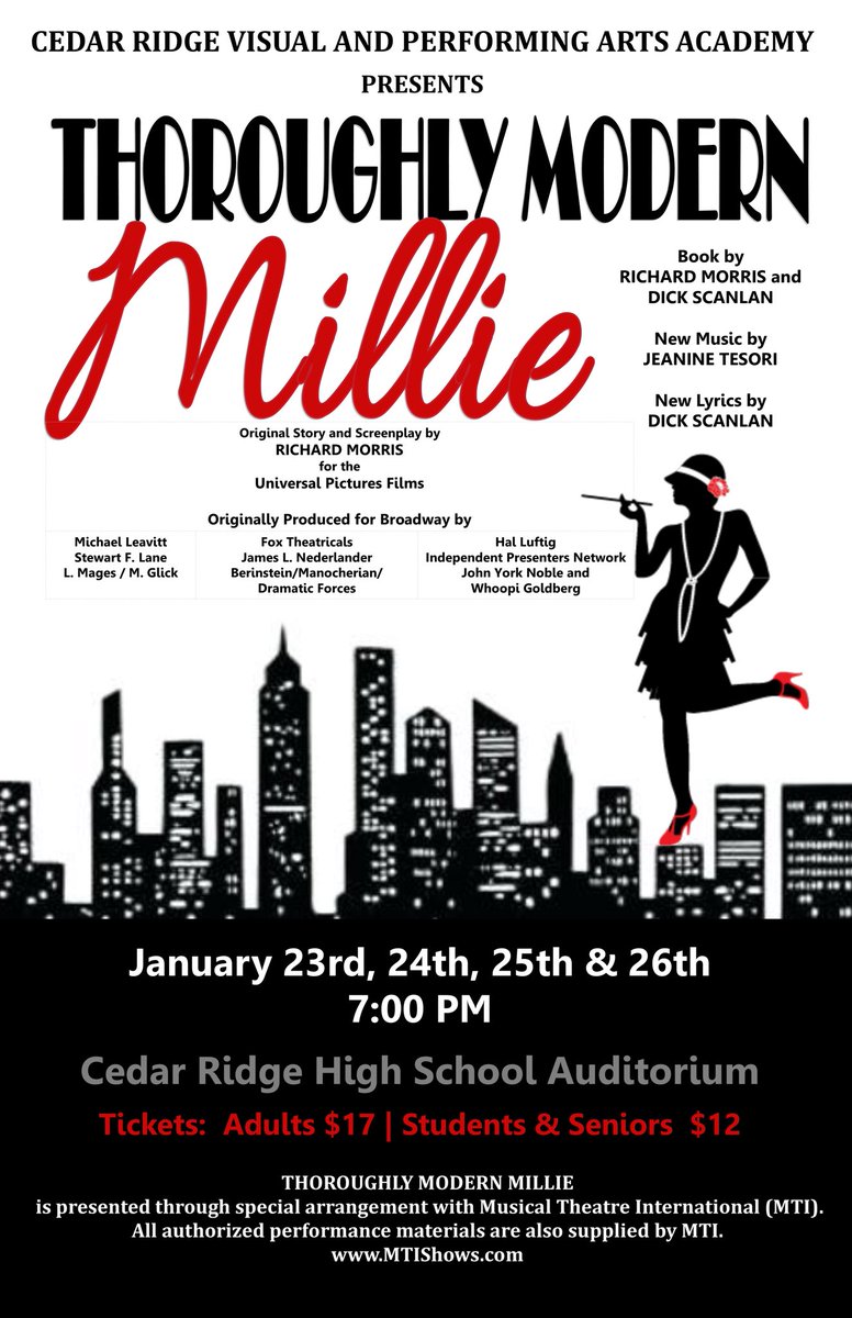 crtheatre's tweet photo. Beat the drums because Thoroughly Modern Millie opens in just TWO DAYS! Grab your purses, tighten your shoe buckles, and hold onto your hats because this show is sure to be a wild ride. You can get tickets from the link in our bio! See you there ;) #bododeo https://t.co/NLAI9rRvOb