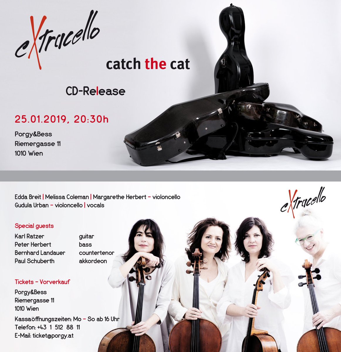 eXtracello - CD-Release 
*
Vor Kurzem waren sie bei uns zu Gast. Jetzt bringen eXtracello ihre neue CD „catch the cat“ auf den Markt. Die Releaseparty dazu findet am 25. Jänner in Wien statt. 
*
'eXtracello #catchthecat #CDRelease #Party #Wien #Musik #acf #acfistanbul