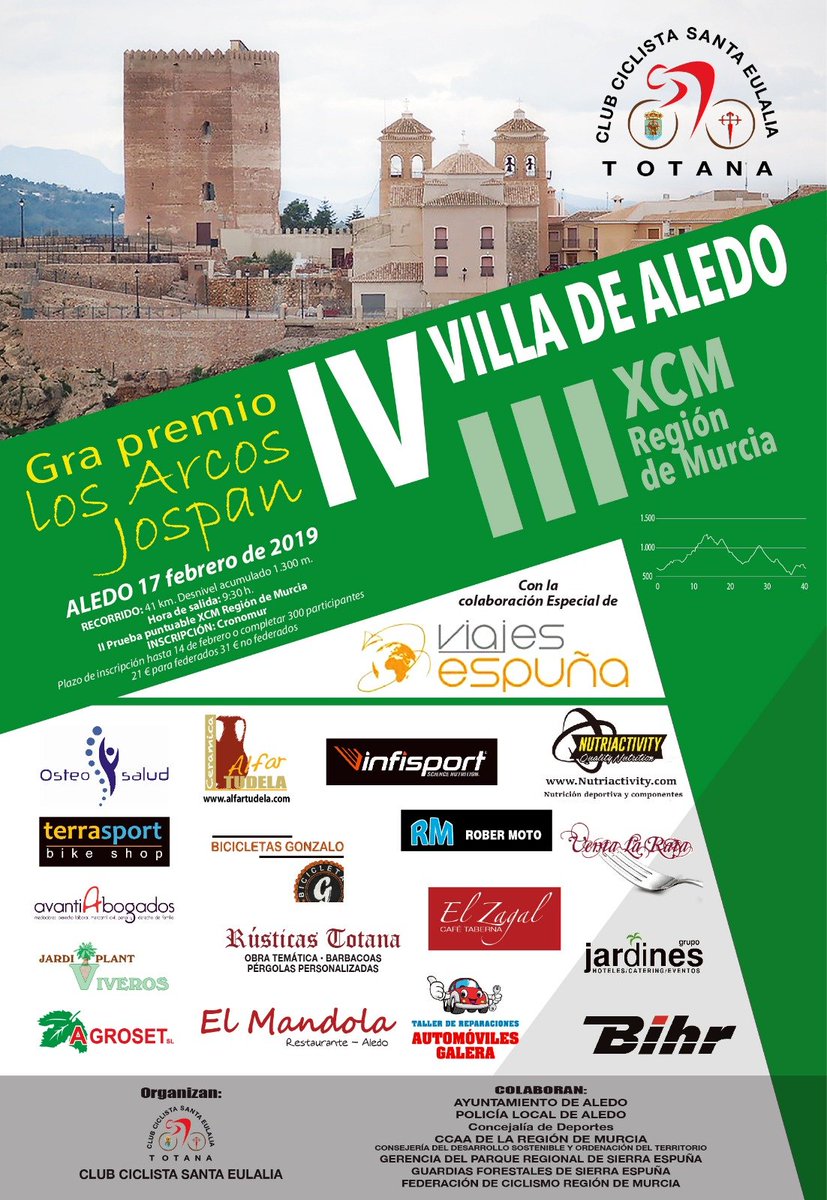 ⚠️ Abiertas las inscripciones para la IV MTB Villa de Aledo que se celebrará el próximo 17 de febrero. 🚵🏻‍♂️🚵🏻‍♂️🚵🏻‍♂️

Como novedad este año, habrá categoría local. 

cronomur.es