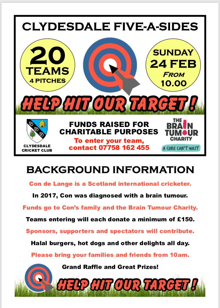 Clydesdale CC (@dalecricket) on Twitter photo Great response so far to our 5-a-side fundraiser on the 24th Feb, get in contact to secure your teams place and support the <a href="/BrainTumourOrg/">The Brain Tumour Charity</a> and <a href="/cdwdelange/">Con de Lange</a> Great response so far to our 5-a-side fundraiser on the 24th Feb, get in contact to secure your teams place and support the <a href="/BrainTumourOrg/">The Brain Tumour Charity</a> and <a href="/cdwdelange/">Con de Lange</a>