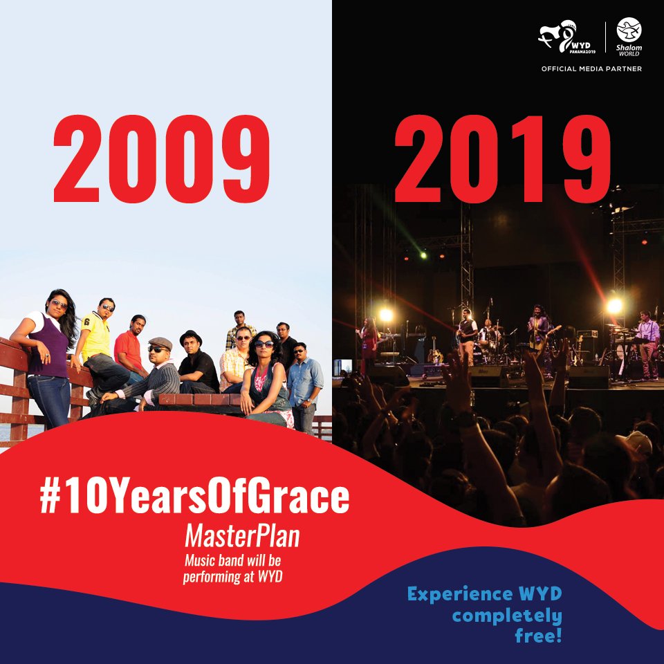 ShalomWorldTV's tweet photo. Looking back on MasterPlan's  #10YearsOfGrace. Catch them live for #WYD2019 on #ShalomWorldTv.
#WYDwithShalomWorld #Panama2019 #Masterplan https://t.co/Y4i7q3vsDu