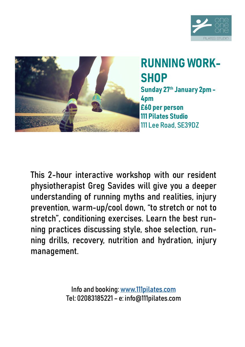 111Pilates's tweet photo. This Sunday don't miss the Running Workshop with our physiotherapist Greg Savides! 2pm-4pm
Booking and info: https://t.co/X2HqFbMVJm
tel: 02083185221 - e: info@111pilates.com https://t.co/lY8K5aGk4X