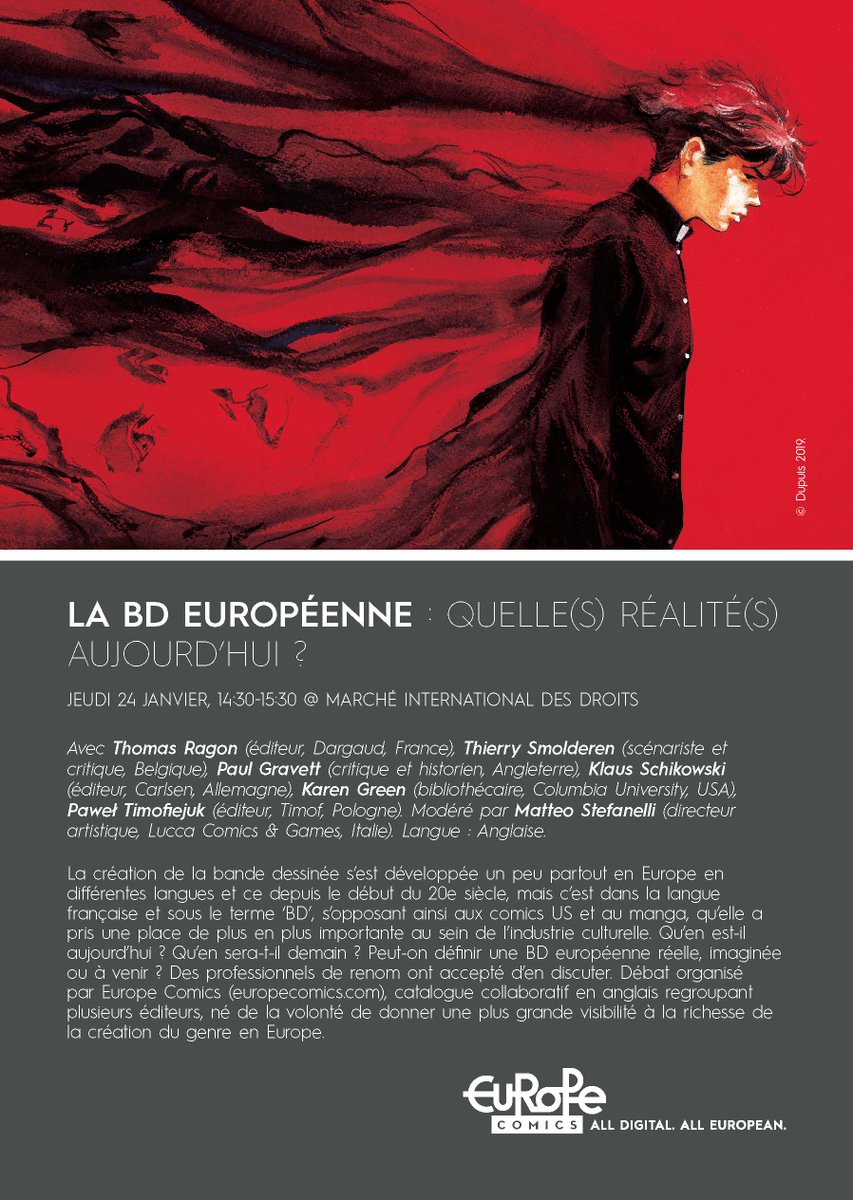 EuropeComics's tweet photo. Are you attending @bdangouleme this week? Don't miss this great panel with a fantastic lineup of speakers discussing European comics! Thursday, January 24, 2:30PM, Rights & Licensing Market #ThierrySmolderen @ThomasRagon @paul_gravett #KlausSchikowski @klg19 #Timof @Fumettologic https://t.co/JNxmSKogPZ