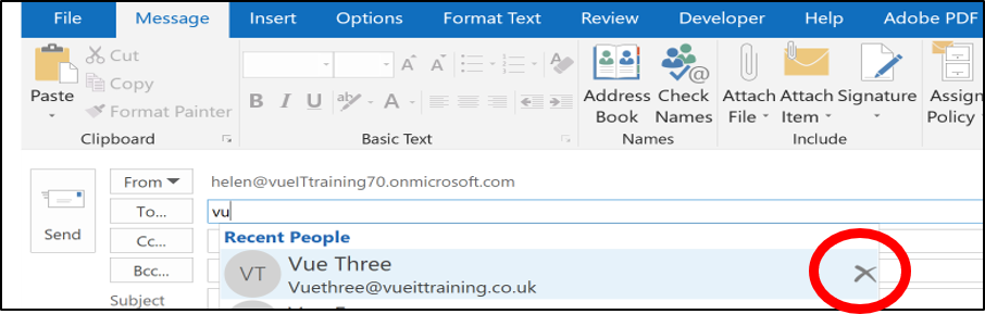 vueittraining's tweet photo. When sending an email, do you have an old or wrong email address keep popping up for someone.  Just click the x next to their email address list to remove them from the remembered addresses. https://t.co/6poYrwZgWA
