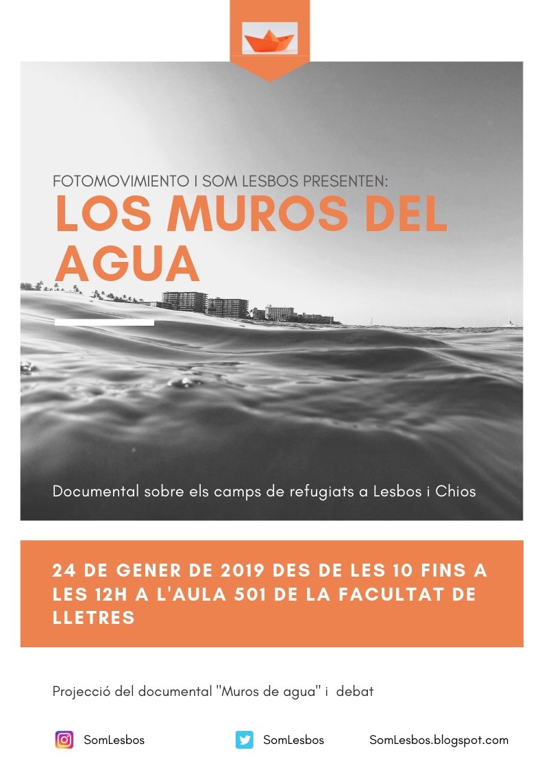 Aquest dijous projectarem “LOS MUROS DEL AGUA”, un documental sobre els camps de refugiats a Lesbos i Chios, de <a href="/fotomovimiento/">Fotomovimiento</a>. 

🕰 24 de GENER de 10 a 12 h
📍 Aula 501 de la Facultat de Filosofia i Lletres de la <a href="/uabbarcelona/">Universitat Autònoma de Barcelona</a>.

Us hi esperem!

#SomLesbos #UABrefugi