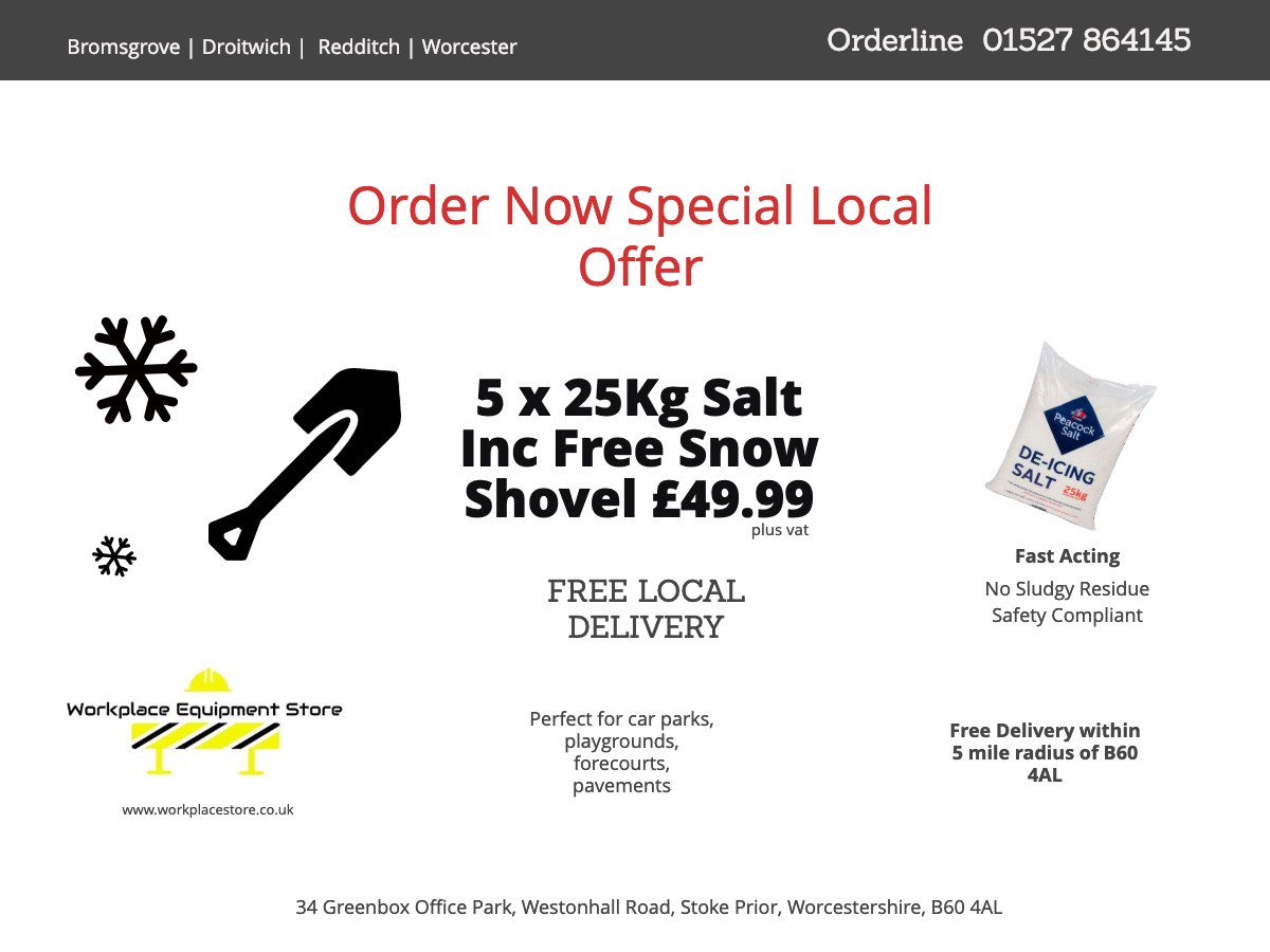 WorkplaceStore's tweet image. Local #winter #salt Offer! 5 x 25kg Bags + FREE Snow Shovel only £49.99+VAT
Orderline 01527 864145 #deicingsalt #grit #stokeprior #bromsgrove #droitwich #redditch