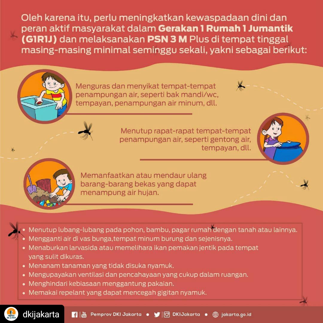 #Repost <a href="/dkijakarta/">Pemprov DKI Jakarta</a>

Intensitas curah hujan tinggi 👉 nyamuk Aedes aegypti mudah berkembang 👉 waspada demam berdarah dengue (DBD).

Pemprov DKI mengajak kita semua waspada.
Yuk, bersama cegah DBD! Kit

#DKIJakarta
#AniesBaswedan
#DinkesDKI
#DinkesDKIJakarta
#WaspadaDBD