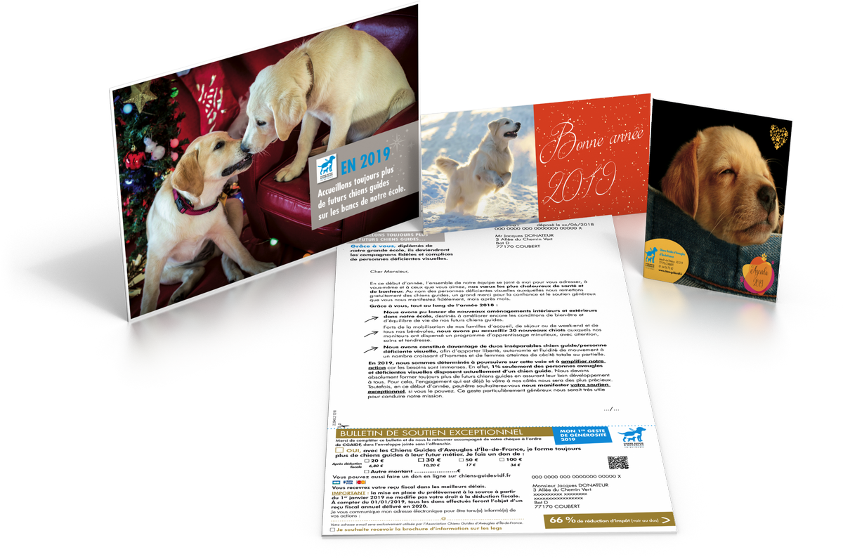 Le mailing de vœux des <a href="/ChiensGuidesIDF/">Chiens Guides IDF</a> est l’occasion de faire le bilan de 2018 et annoncer le défi de 2019: accueillir encore + de #chiens à former. Et parce que les chiens sont des boules de poils craquantes, un agenda a été offert pour remercier les donateurs de leur fidélité