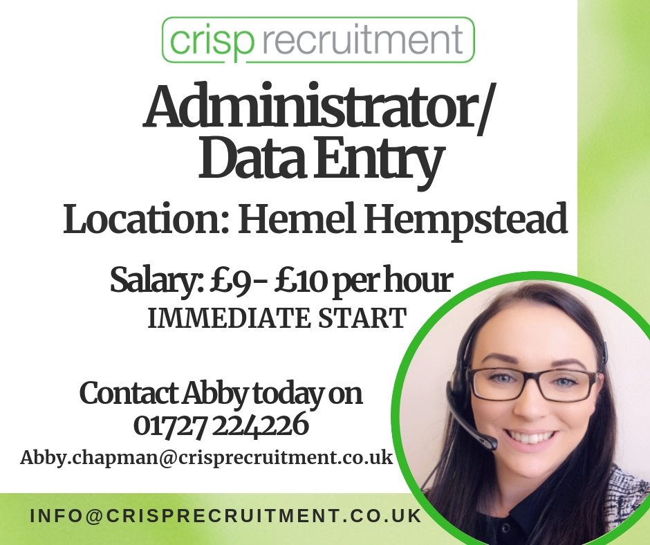 CrispRecruit's tweet photo. Apply today!!
#Administrator #dataentry #lookingforwork #jobs #careers #careermove #hertfordshire #administration #recruitment #recruitmentagency #recruiters #findwork https://t.co/0vLtoaDlOw