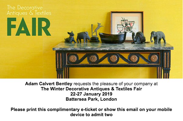 adamcbentley's tweet photo. Join me from Tuesday 22nd January at 12 noon until 6pm Sunday 27th for the Winter 2019 @decorativefair. With new stock every day and a world of interior treasures to discover, it's set to be an exciting week.  Here's your complimentary ticket  - https://t.co/GuWVrvP92z https://t.co/wJ6rfeEMBO