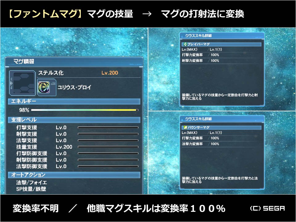 生涯pso ファントムマグ ファントムのスキル サブクラスでも使用可 マグのステを 技量 打射法 に変換 変換率は不明 他職マグスキルは変換率100 Brマグと併用可 技0 打射0 Boマグと併用可 技0 打法0 ファントムは 技量0