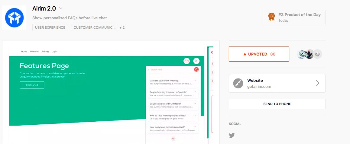 airimHQ's tweet photo. Airim is trending #top3 on #Producthunt 
Really pumped to get immense support on the platform. Thanks @kwdinc for hunting us. Keep upvoting and showering love :D
@ProductHunt #SaaS #productlaunch https://t.co/fFMdsTlUoh