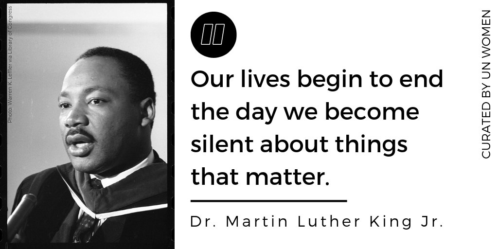 UN_Women's tweet photo. On #MLKDay, we remember Dr. Martin Luther King Jr.'s call to stand up against:
🛑Racism,
🛑Misogyny,
🛑Prejudice,
🛑Injustice, and
🛑Inequality. 

Will you join us? https://t.co/59pjqTFwJ9