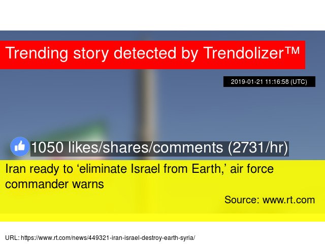 Trendolizer's tweet image. #Iran ready to ‘eliminate #Israel from Earth,’ #airforcecommander warns #Tehran #Syria #Iran’sairforce #head trendolizer.com/2019/01/iran-r…