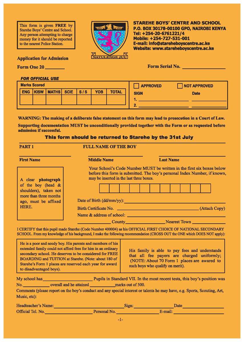 Starehe_Boys's tweet photo. Admission to Starehe Boys' Centre:

1. Select Starehe as first choice National Secondary School.

2. Complete 'Yellow Form' and return to Starehe by 31 July - https://t.co/A8jLwdRUEK.

3. Get good grades in KCPE.

70% of Form I places are reserved for needy boys. #StareheAt60 https://t.co/WAyiCxtEna