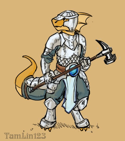 TamLin123_'s tweet photo. Iroh the forge priest, Sirocco's hatch-brother, dnd character sketch page commission #kobold #armor #dnd #scalie #illustration https://t.co/xueSoIvUJH