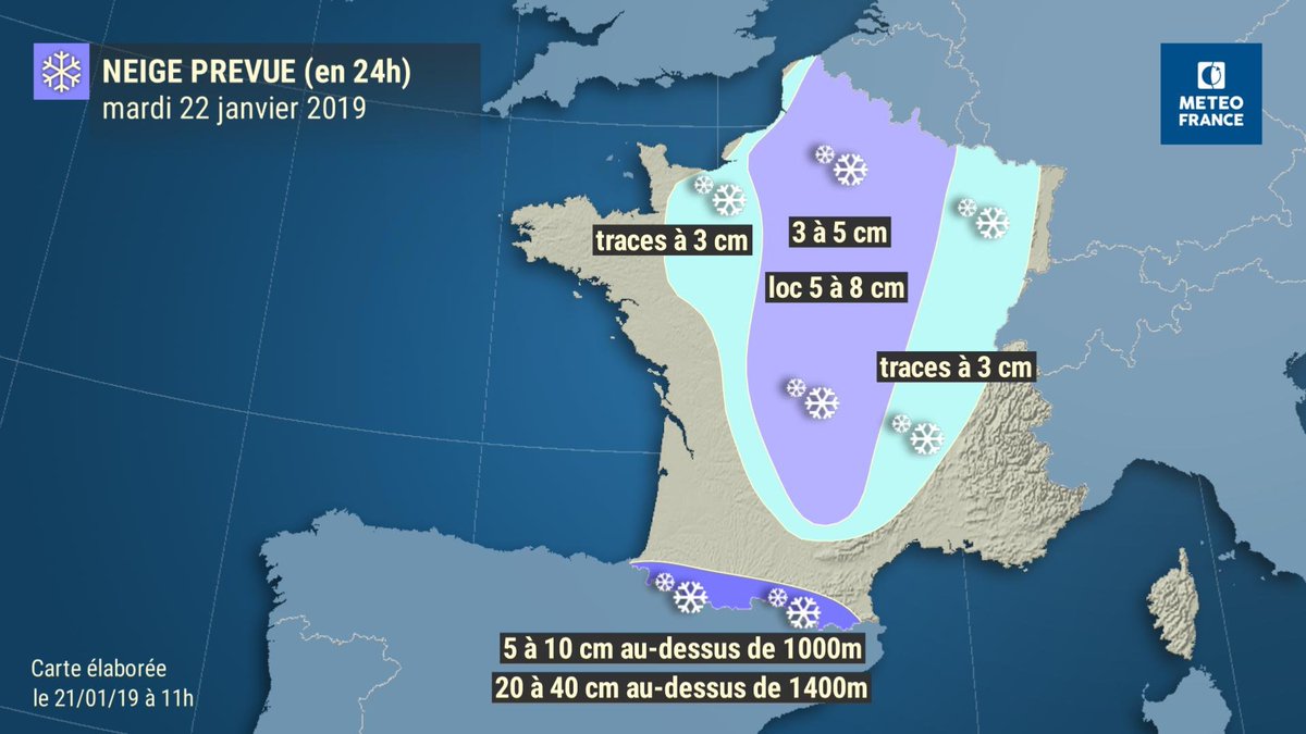 Séquence hivernale demain et mercredi : #neige en plaine dans un grand quart nord-est, à basse altitude dans le Centre-Est. Plus d'1m de neige attendu en moyenne montagne dans les #Pyrénées.
Restez informés ▶️http://www.meteofrance.com