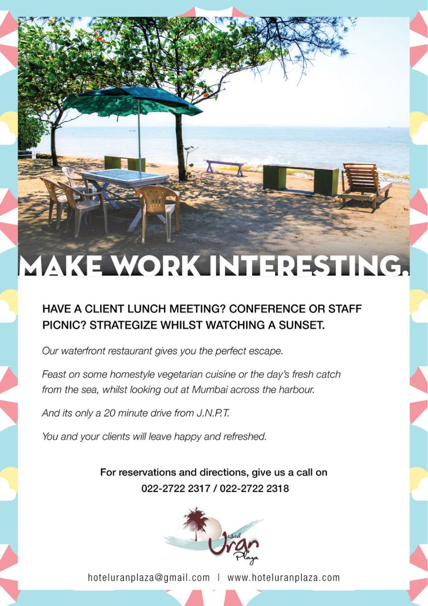 HotelUranPlaza's tweet photo. Make Work Interesting..๐ฝโ๏ธ๐ #hoteluranplaza #beachrestaurant #beachresort #seafront #jnpt #lunchmeeting #clientlunch #seafood #uran #mumbai #bchaa #bcba https://t.co/jchtMwT6Pb