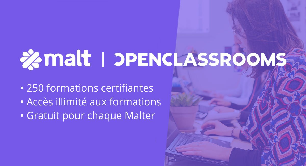 Psssst... Malt s'associe à <a href="/OCFrance/">OpenClassrooms</a> et offre à toute la communauté de #freelances l'accès gratuit à tous ses cours certifiants (dev, data, design, productivité...). Et c'est réservé aux premiers arrivants 🙊  

Par ici les formations : bit.ly/2QqUANE ✨