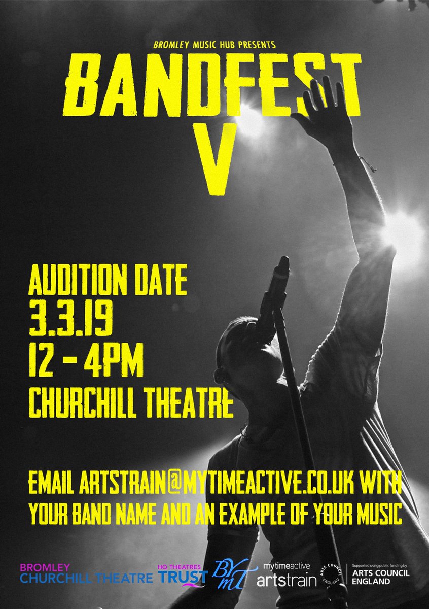Register now to confirm your audition slot for Bandfest V! Auditions will be held on Sunday 3rd March, email artstrain@mytimeactive.co.uk to confirm your bands place. <a href="/artstrain/">ArtsTrain</a> <a href="/createlearnbrom/">Creative Learning</a> <a href="/The_Churchill/">Churchill Theatre Bromley</a> <a href="/OfficialBYMT/">BYMT</a> #thenextgeneration #newmusic #bromleymusic