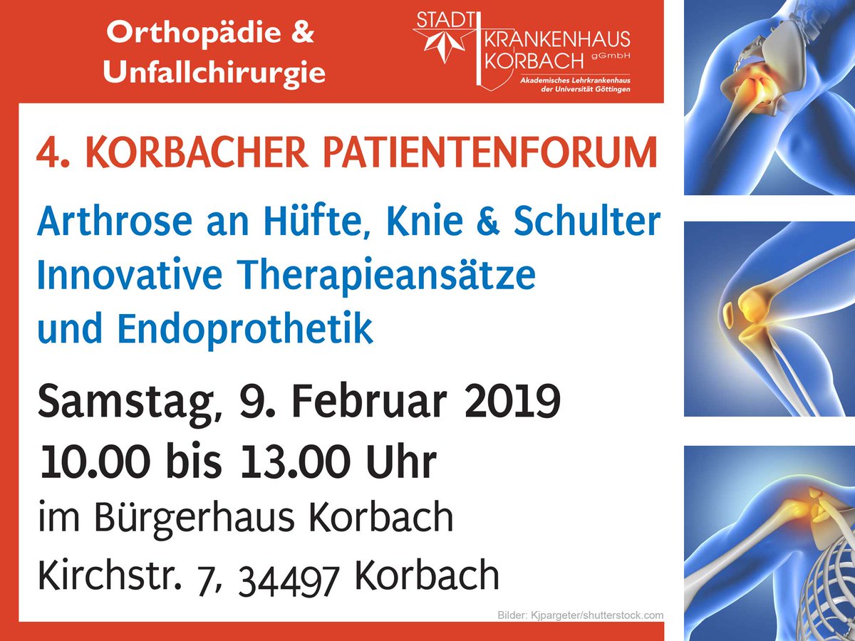 4. Korbacher Patientenforum im Bürgerhaus: Infos zu #Arthrose in Schulter, Hüfte + Knie
Mehr unter unter kuurz.de/arthrose

#KrankenhausKB #Krankenhaus #Korbach #Terminkalender #Infoveranstaltung #Schulter #Schultergelenk #Schulterschmerz #Hüfte #Hüftgelenk #Knie