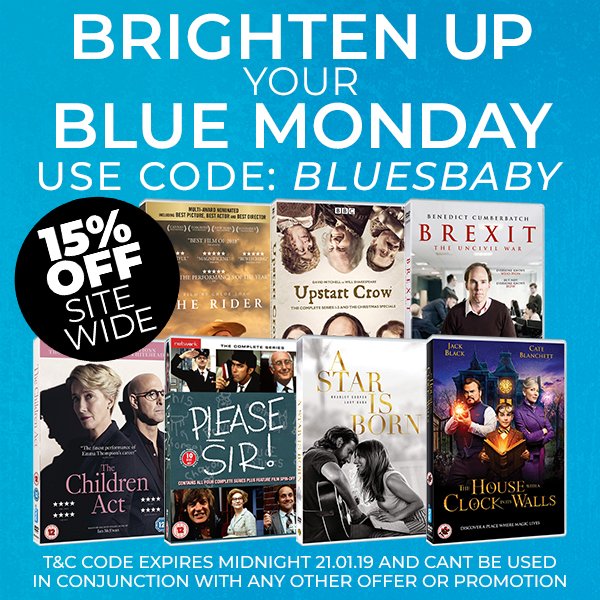 Feeling blue today? We've got your back this #BlueMonday &amp; have just the thing to cheer you up - get 15% off ALL orders until midnight tonight! Because we know a bit of retail therapy, a discount code &amp; fab film can cheer up the dullest of days 
bit.ly/2T5yOQS
#Film #TV