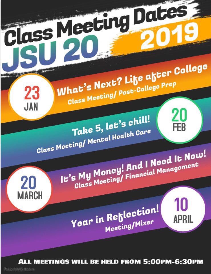 tonyshaxo's tweet photo. 👋🏾Welcome Back #Dubclub! Here’s the Class Meeting Calendar for Spring 2019. The FIRST meeting is on Wednesday January 23rd (LOCATION: C.F.MOORE RM #100). SEE YOU THERE! #SavetheDates #jsudubclub #jsu20 https://t.co/l6zKlJvlfP