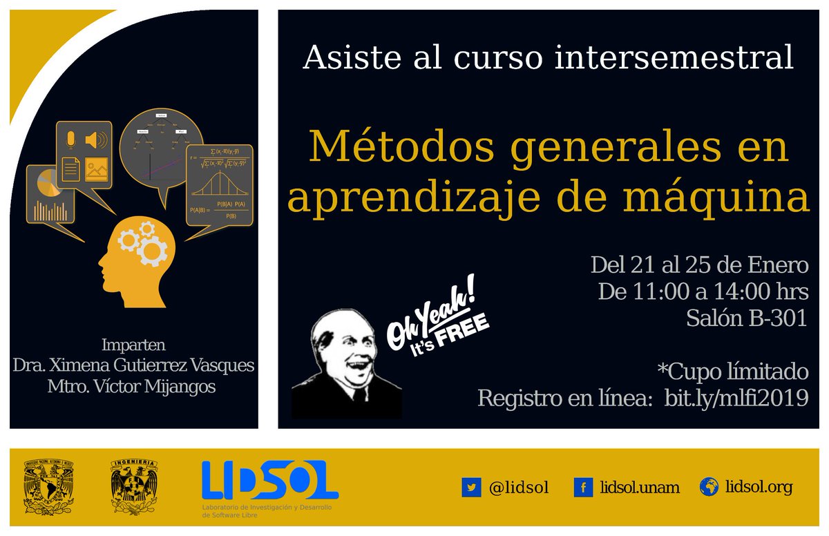 LIDSOL's tweet image. Camaradas, les comentamos que el curso de Aprendizaje de Máquina por el día de hoy será en el salón B305, el resta de la semana en el B301.
Y si aún no se han inscrito háganlo :) solo se perderán una clase :)
#LIDSOL