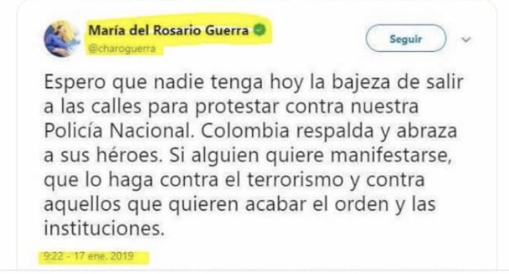 juandepca's tweet photo. La senadora ultraderechista (uribista) @charoguerra tuiteó su condena al atentado de #Bogotá una hora antes de que éste se perpetrara, a los pocos minutos lo borró y lo retuiteó idéntico tras el atentado. Igual soy mal pensado, pero huele demasiado a cloacas (vía @esantosmolano) https://t.co/O2WV8ZN1gM