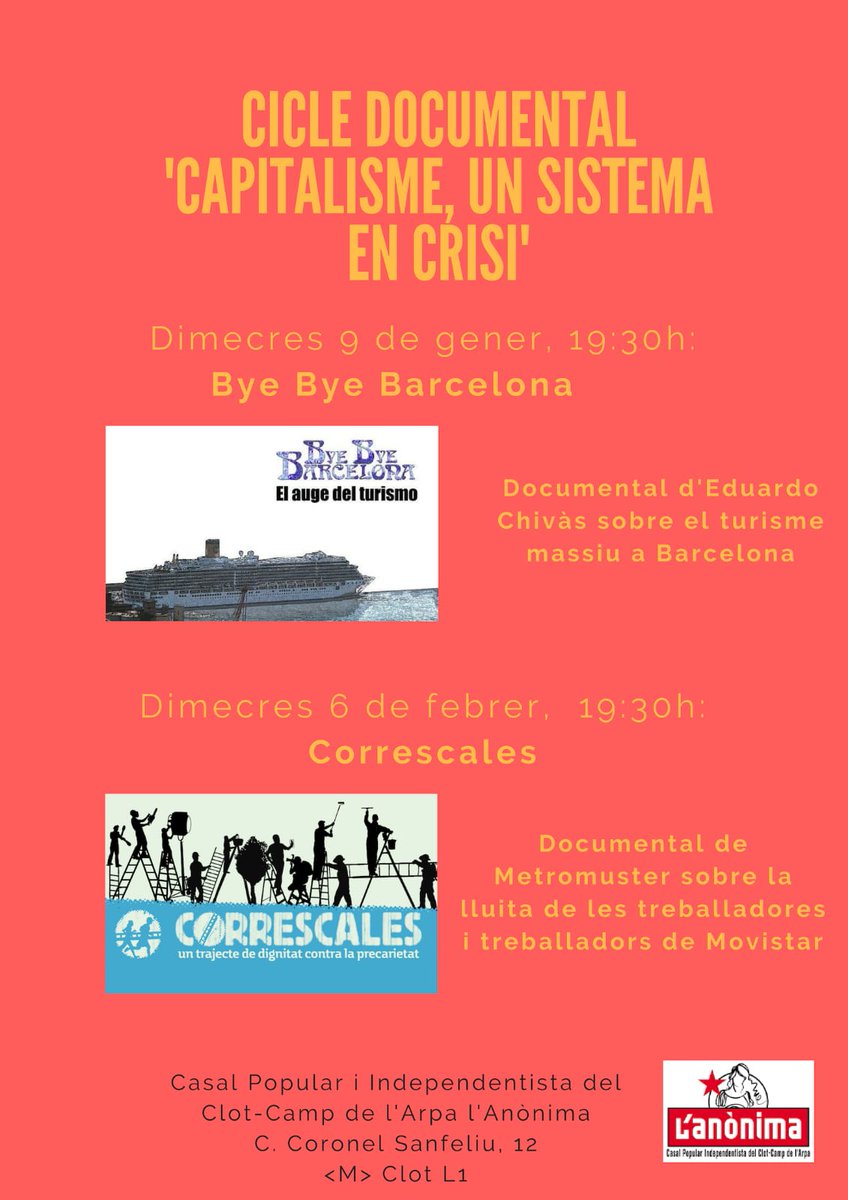 Anonima_Clot's tweet photo. El següent dimecres seguim amb el cicle de cinema 'Capitalisme, un sistema en crisi' amb la projecció de #Correscales, documental de @metromuster sobre la lluita de les treballadores de Telefònica contra la precarietat.

RECORDEU:

 📌 Dimecres #6F a les 19:30. https://t.co/DSluYlEFDA