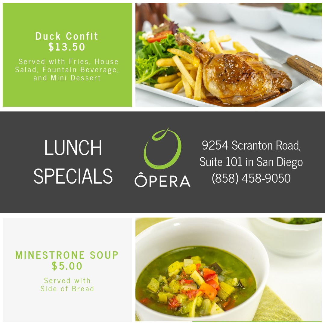 OperaPatisserie's tweet photo. Be sure to swing by starting today for our new lunch specials! Find heartiness with our Minestrone Soup (served with a side of bread) for $5, or treat yourself to our Duck Confit (served with fries, house salad, drink &amp; mini-dessert) for $13.50! https://t.co/0WZnGJfS4h