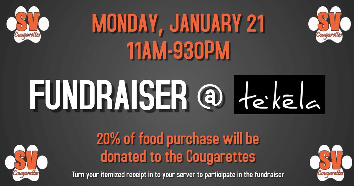 Don’t know what to eat for dinner tonight? The Cougarettes have got you covered! Come out to Tekela TODAY from 11 am-9:30 pm and mention our fundraiser so 20% of food purchases will be donated to us!
