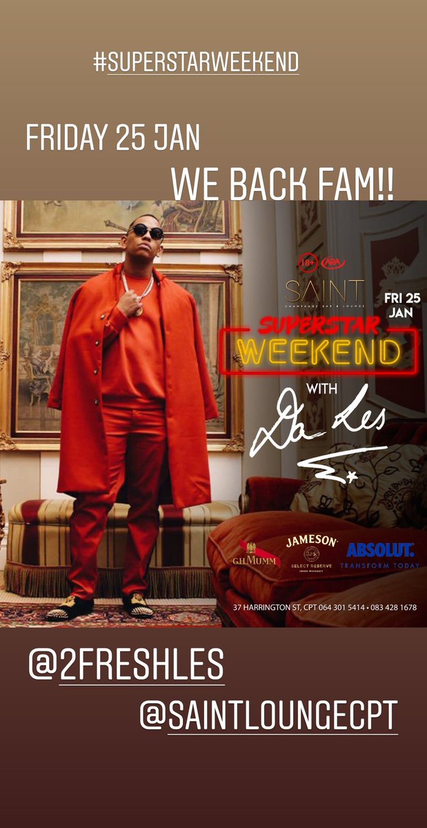 ToussaintTKN's tweet photo. Leave where?? We back b...... @saintloungecpt hosting #SuperstarWeekend Friday to Sunday Familia!!! https://t.co/BVQ4jMwKa2