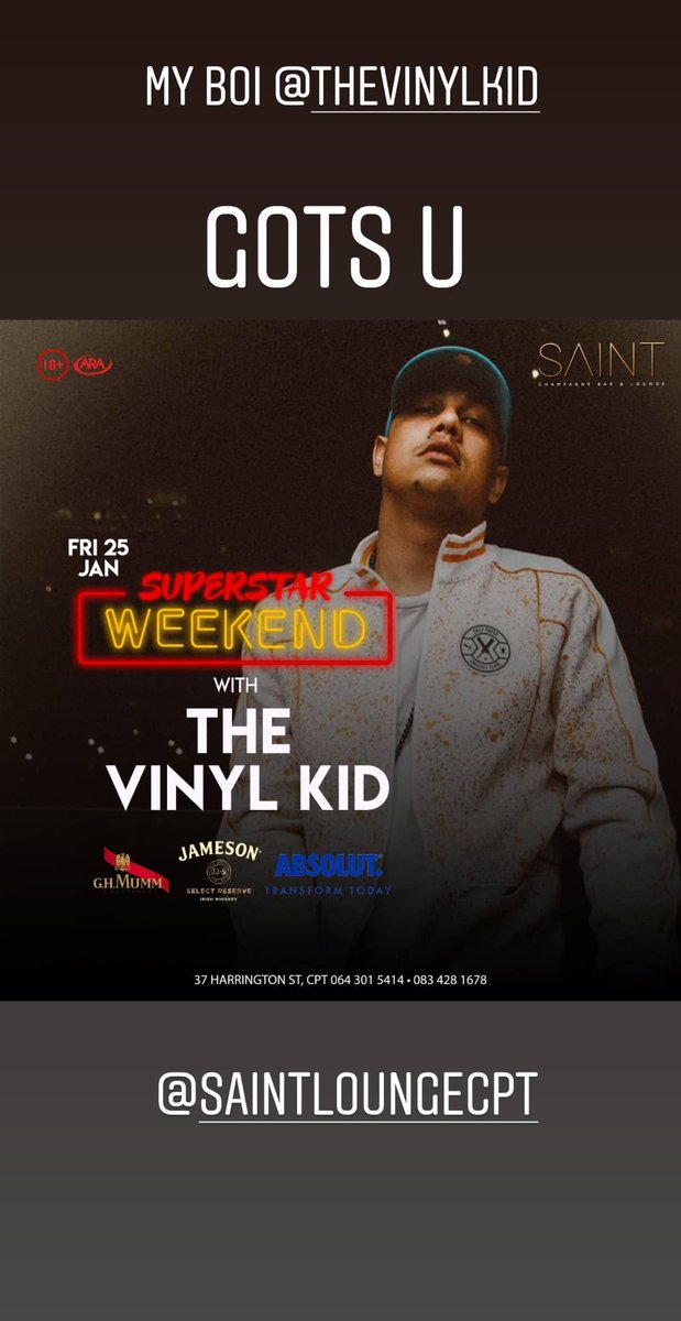 ToussaintTKN's tweet photo. Leave where?? We back b...... @saintloungecpt hosting #SuperstarWeekend Friday to Sunday Familia!!! https://t.co/BVQ4jMwKa2