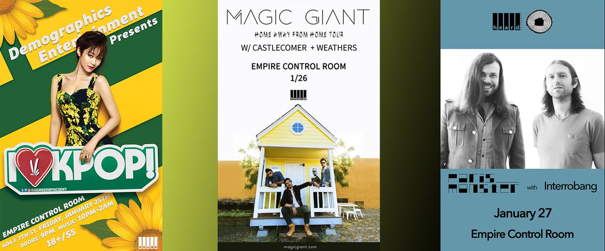 EmpireATX's tweet photo. THIS WEEK!

1/25 - @DemographicsEnt and @HeardPresents: I ♡ KPOP!
1/26 - #HeardPresents @MAGICGIANT w/ @CastlecomerBand, @WEATHERSBand
1/27 - #HeardPresents @TheParisMonster w/ @Interrobang_ATX

☞ https://t.co/zOeuP8H5xJ https://t.co/iHNMJGWi8m