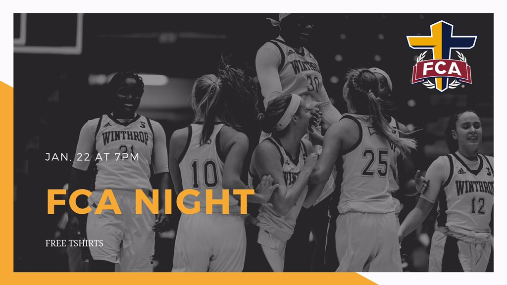 FCA COMMUNITY, WE NEED YOU! Tomorrow let’s rally together and join in fellowship to support our women’s basketball team! 
FCA Winthrop will be giving away free T-shirts.
⏰7:00 PM
📍Winthrop Coliseum
🏀VS Hampton