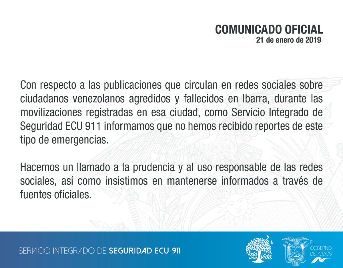 ECU911_'s tweet photo. Comunicado Oficial sobre supuestos incidentes en Ibarra #EcuadorPaísDePaz https://t.co/TPlb2C8H1D