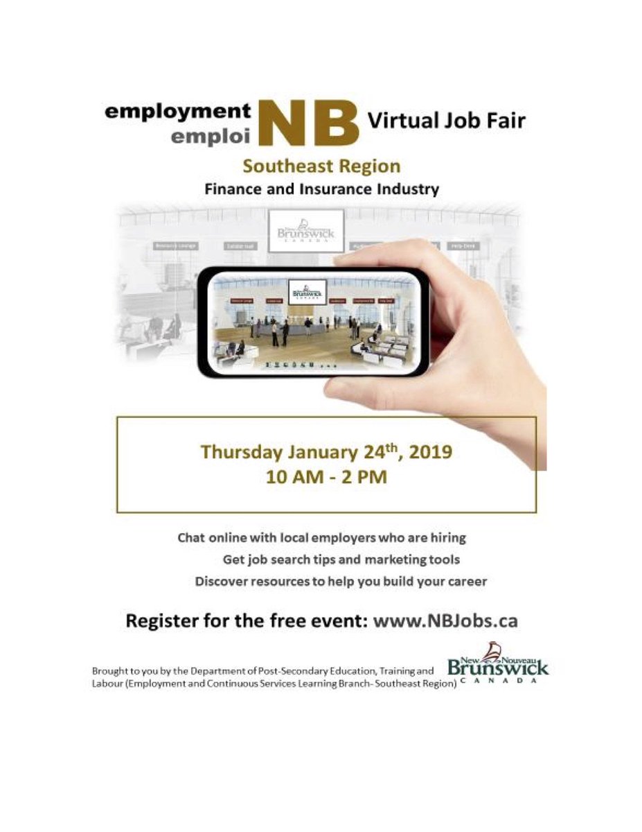 Looking for work in the Finance and Insurance industries?  Employment New Brunswick will be hosting a virtual job fair January 24th, giving you a chance to meet and network with existing members of the community.  Please find more details below and at NBJobs.ca.