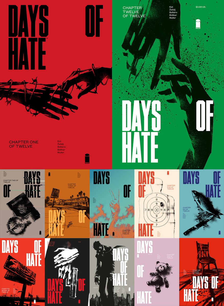 DAYS OF HATE #12 is now in stores and concludes the series. Here are the 12 covers we created—art by series artist & co-creator Danijel Žeželj, with design and colours by yours truly. (+ @MrMattWilley's Timmons NY & @klimtypefoundry's Founders Grotesk)
#design #comics #typography