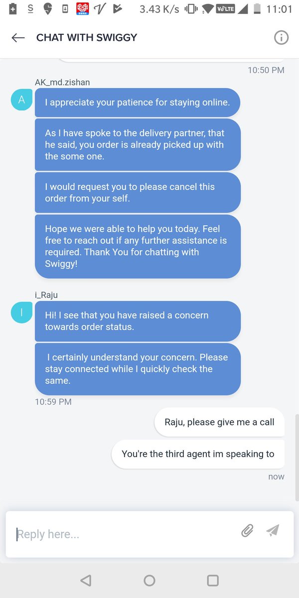 It's been two hours since I placed the order. Some guy (not the delivery executive) has picked up my order. And no customer support around it. When did <a href="/swiggy_in/">swiggy</a> start sulking so bad? <a href="/harshamjty/">Sriharsha Majety</a>