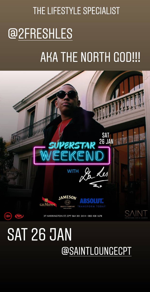 ToussaintTKN's tweet photo. What yall know about Sat 26 Jan @saintloungecpt? #SuperstarWeekend with the trusted Loorrrds!!! https://t.co/Y0Ub2imERH