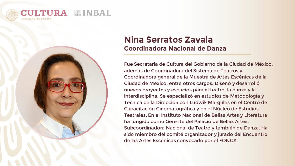 danzaINBAL's tweet photo. "@NinaSerratos será la titular de la Coordinación Nacional de Danza, donde sostendrá un diálogo permanente con las diferentes comunidades en los diversos géneros de la danza a nivel nacional, así como el impulso a circuitos nacionales."

#danzaINBA

-> https://t.co/2zxvy3eOJd https://t.co/3hfPewtPJU
