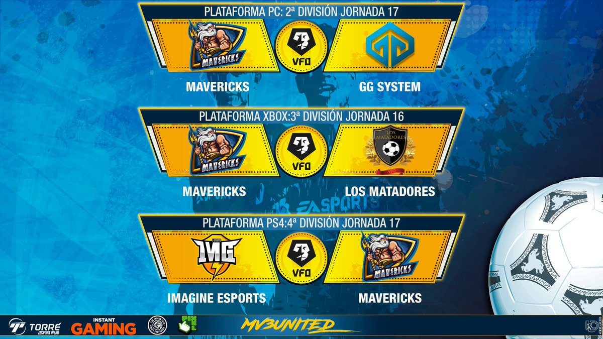 [#MATCHDAY - #FIFA | <a href="/VFOspain/">VFO España</a>]

⏰ 23:10h

J17 🏆 @VFOspain_PC
🆚 <a href="/GGSystem/">GG System</a>
📺 twitch.tv/mav3ricks_unit…

J16 🏆 @VFOspain_XBOX
🆚 <a href="/LOSMATADORESCF/">LOS MATADORES</a>
📺 mixer.com/kenek29

J17 🏆 @VFOspain_PS
🆚 <a href="/Imagine_esp/">Imagine e-Sports</a>
📺 youtube.com/user/juanichul…

#MV3United 🔱